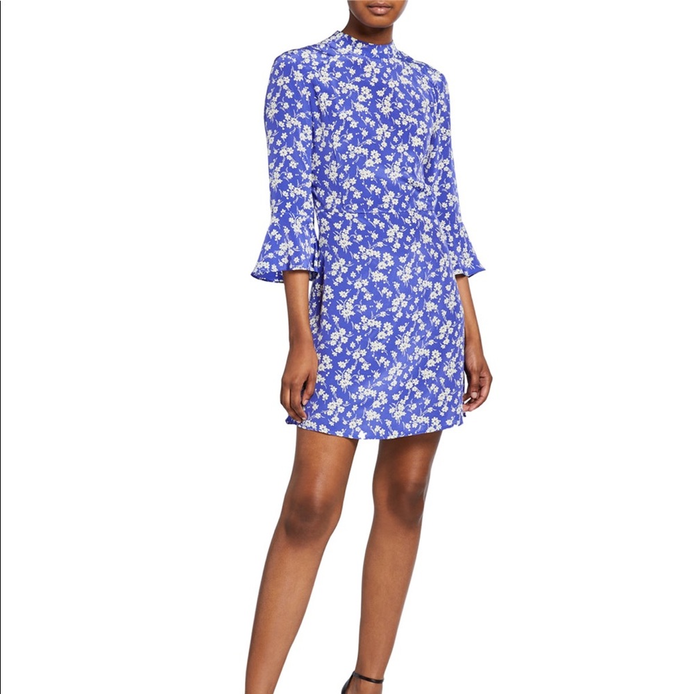 HVN Ashley Mini Bell Sleeve Dress Silk 2 NWOT Blue